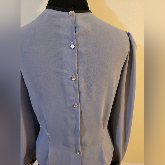 Grayish Blue Bib Collar With Bow Vintage Blouse - Picture 3 of 3